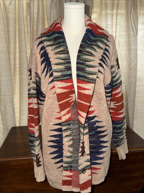 Lucky Brand Sweaters - Lucky Brand Beige Cardigan with Red, Navy & Green Aztec South Western Pattern XL